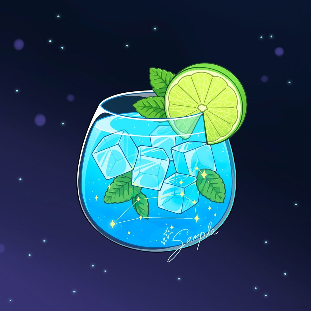 The bride's signature drink, a starry blue mojito with lime, mint, ice cubes and the Leo star sign.