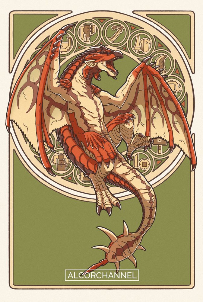 A decorative illustration of Rathalos, a red dragon. Behind the Rathalos are the icons for the 14 weapon types in Monster Hunter.