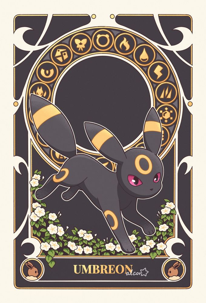 A decorative illustration of an Umbreon, featuring white moonflowers on a nearly black background. Part of a series with all eight Eeveelutions.