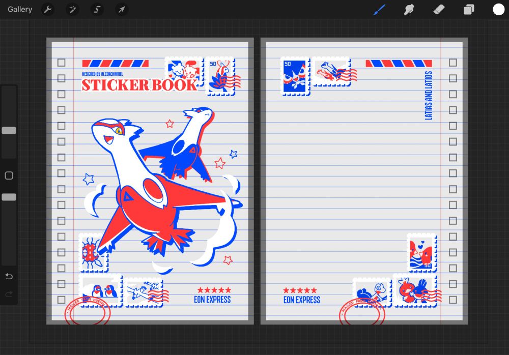 A sticker book design featuring Latias and Latios with a red and blue postal service inspired theme! Multiple small stamps are pictured, including Minun and Plusle, Milotic, Solrock, Taillow, Wingull, Masquerain, Luvdisc, Treecko, Torchic and Mudkip. The text on the cover says "Designed by AlcorChannel", "Sticker Book", and "Eon Express".