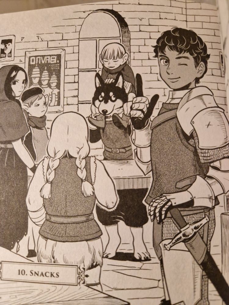The opening page of Delicious in Dungeon chapter 10, featuring another adventuring party that includes a canine-like kobold. 