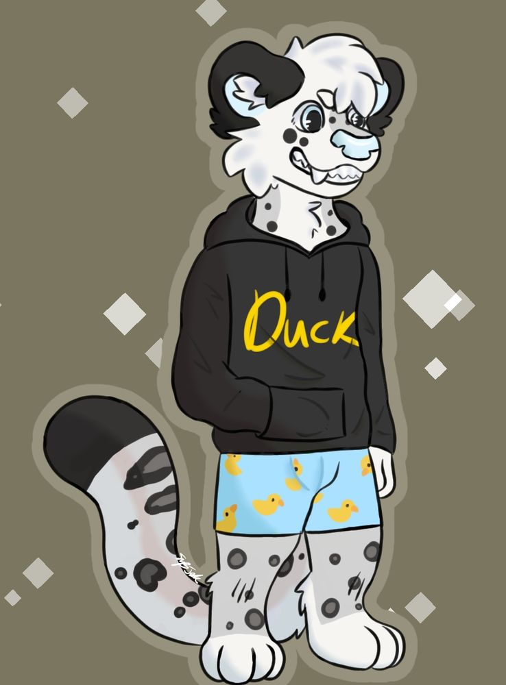 snow leopard wearing a black hoodie that says "duck", and blue boxers with ducks on them