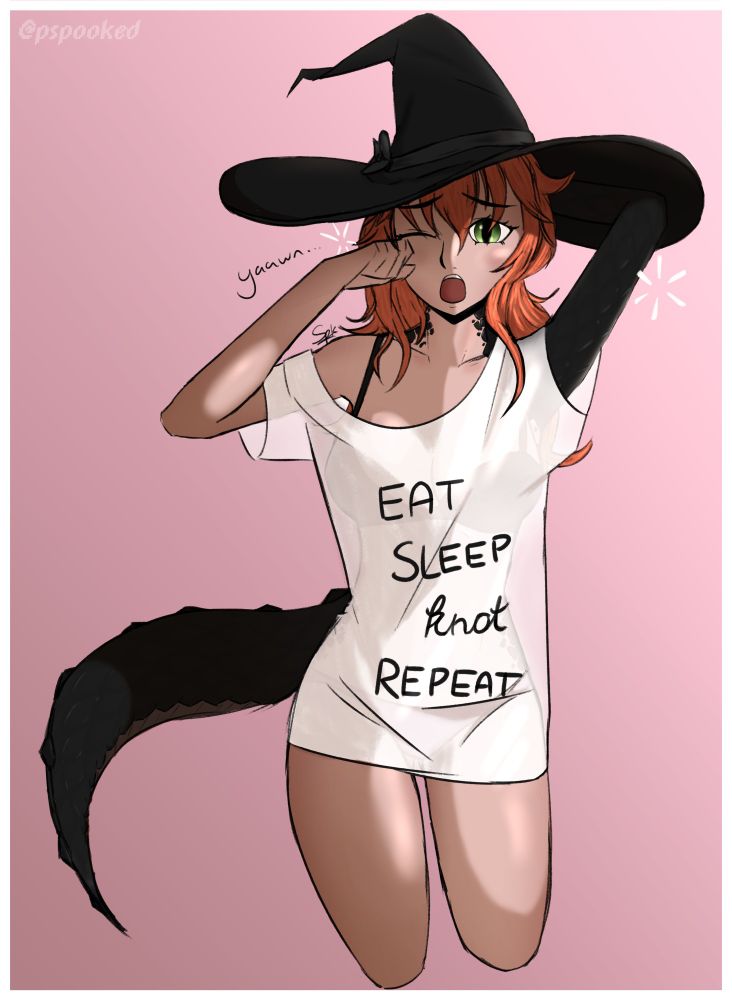 Ashley yawning while wearing her signature witch hat plus a very loose and over-sized t-shirt with "Eat, Sleep, Knot, Repeat" written on it.