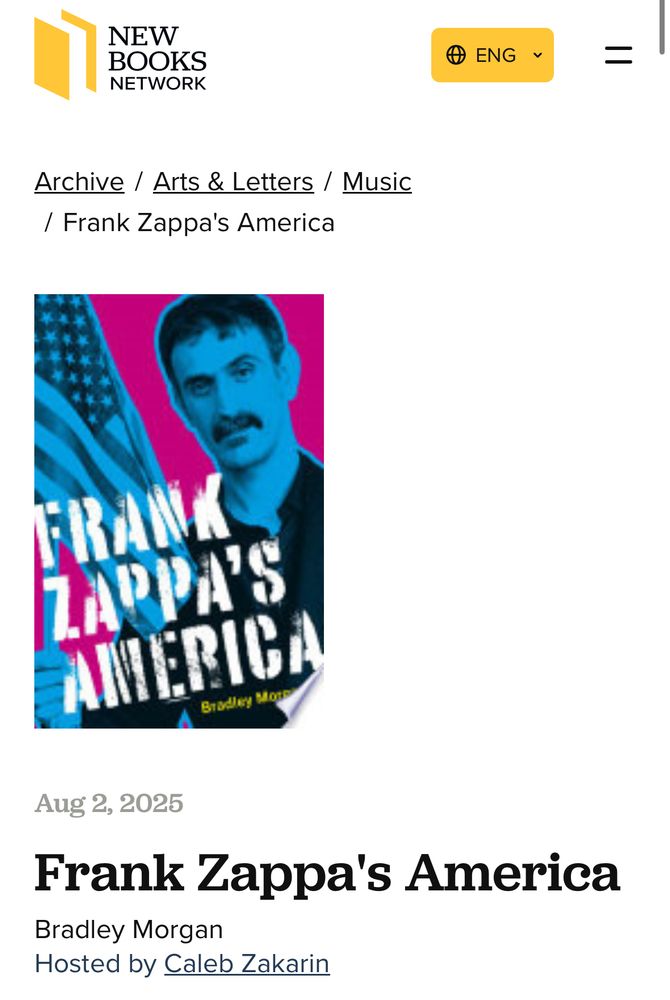 Screenshot of interview page on new books network site for the book “Frank Zappa’s America”
