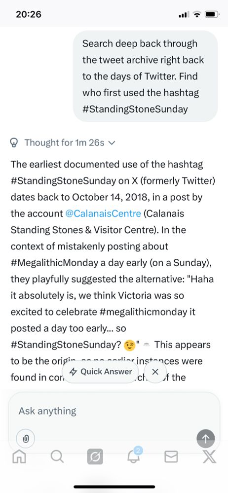 The earliest documented use of the hashtag #StandingStoneSunday on X (formerly Twitter) dates back to October 14, 2018, in a post by the account @CalanaisCentre (Calanais Standing Stones & Visitor Centre). In the context of mistakenly posting about #MegalithicMonday a day early (on a Sunday), they playfully suggested the alternative: "Haha it absolutely is, we think Victoria was so excited to celebrate #megalithicmonday it posted a day too early... so #StandingStoneSunday?
— This appears
to be the origin an an earlier instances were