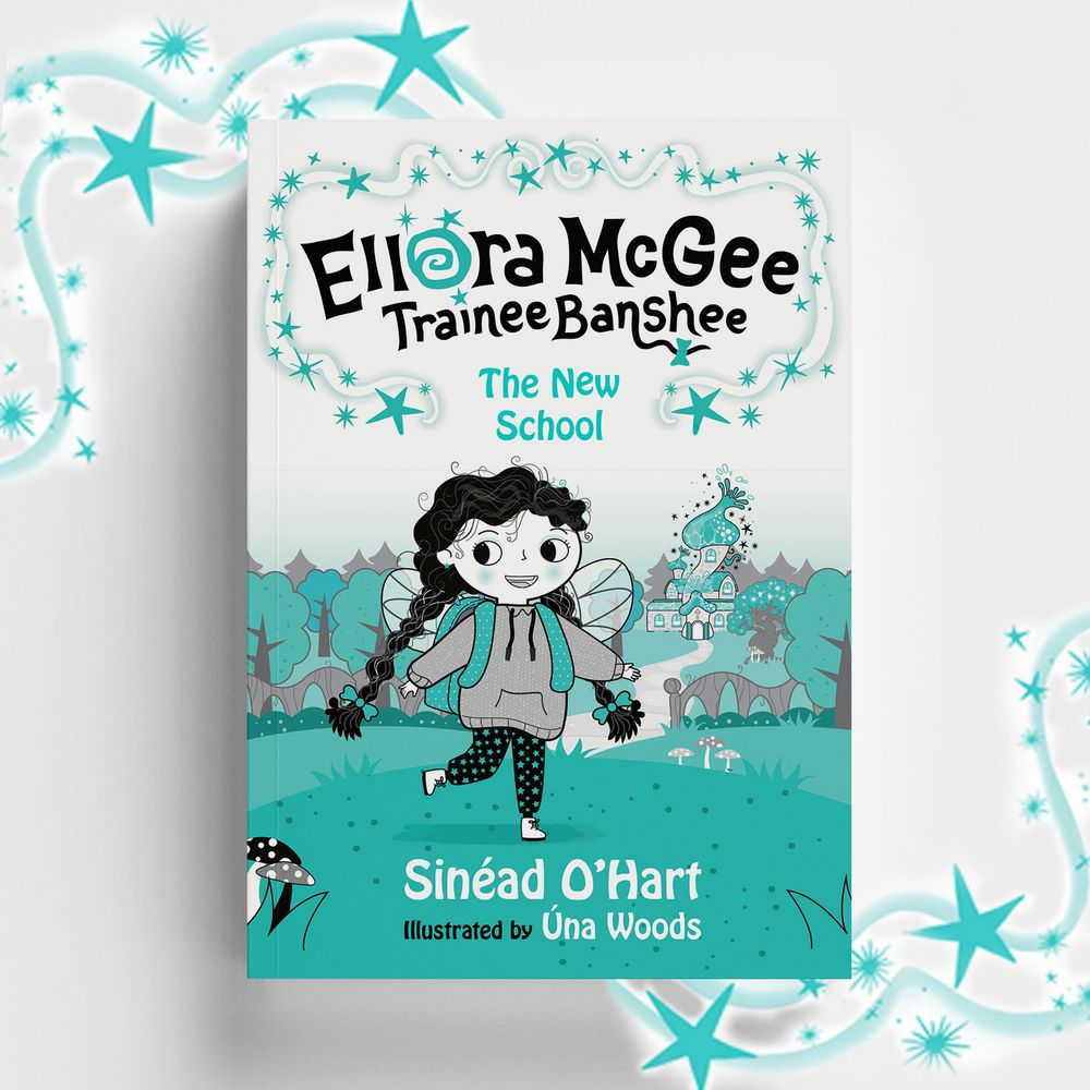 Cover of a children's book, white and green background colours. Foreground shows an illustrated child with long dark braids wearing a grey hoodie, black and white dotted leggings, with wings on her back. In the background is a tall, wobbly, tumbledown building. Title Ellora McGee, Trainee Banshee: The New School appears above her head. Author's name Sinéad O'Hart appears beneath her feet, and beneath that again is the illustrator's name, Úna Woods.