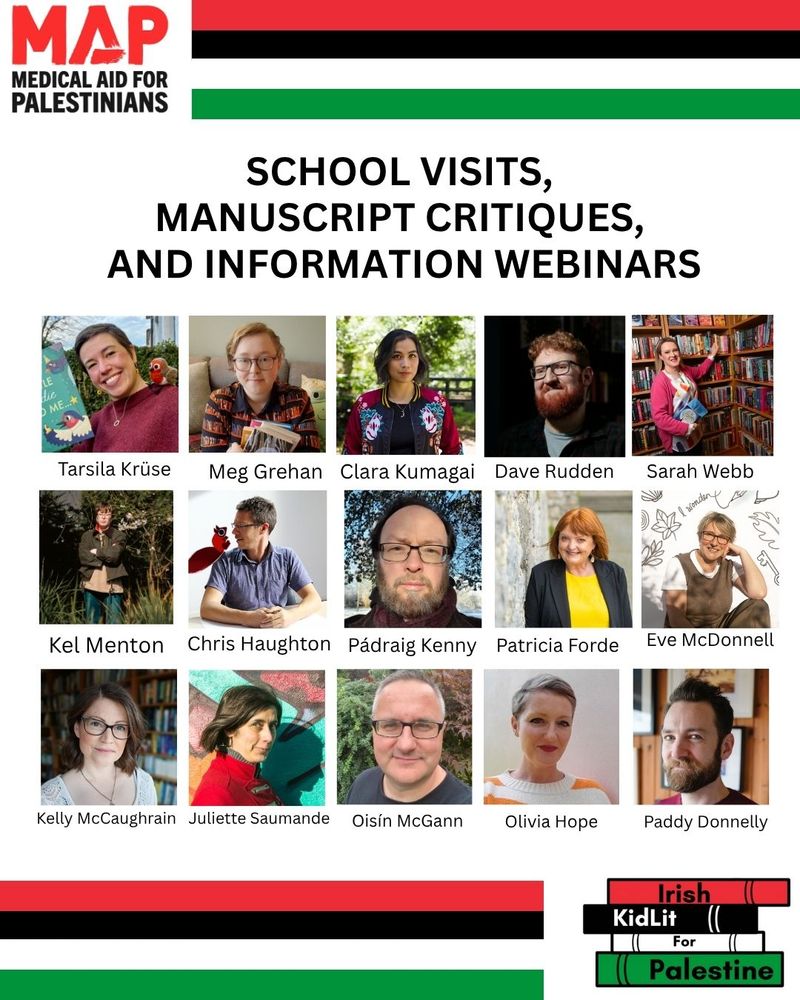 School visits, manuscript critiques, and information webinars

Beneath this text is a selection of author/illustrator headshots, including Dave Rudden, Oisín McGann, Eve McDonnell, Juliette Saumande, Tarsila Krüse, and others