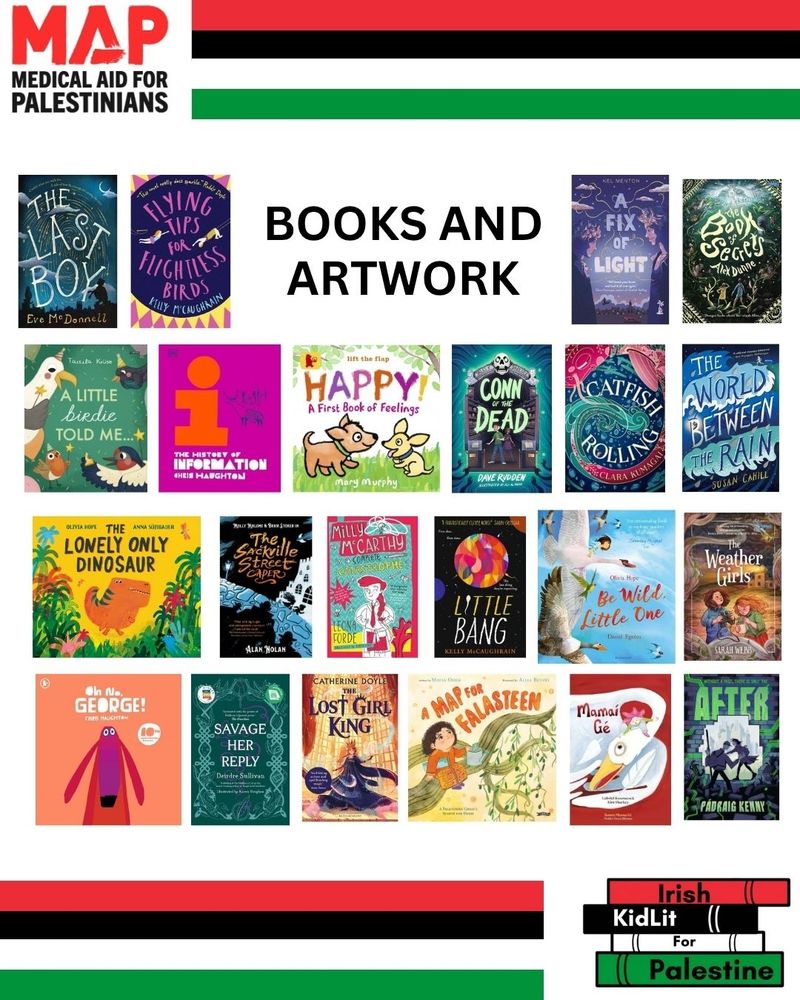 A selection of book covers from authors/artists like Chris Haughton, Olivia Hope, Deirdre Sullivan, Pádraig Kenny, and more. The words 'Books and Artwork' appear in the centre of the image