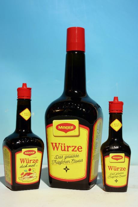 die heilige dreifaltigkeit der maggi würze flaschen in gross, mittel und klein
