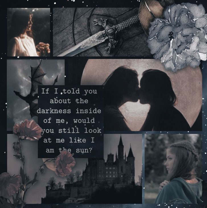 gloomy sapphic moodboard with the quote: "If I told you about the darkness inside of me, would you still look at me like I'm the sun?"
