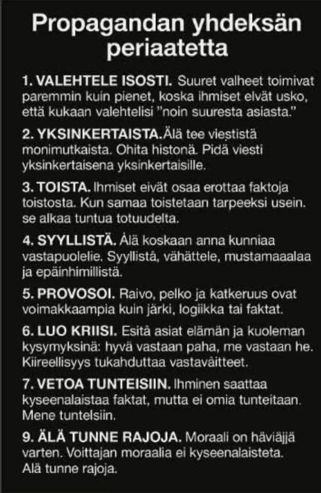 propagandan yhdeksän periaatetta kuvattu - kuinka ollakkaan kuulosta nykyhallituksen toimintaohjeelta!