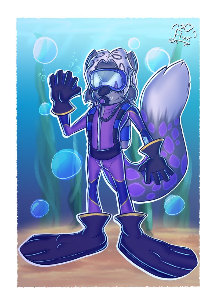 Sonic style snow leopard wearing scuba gear and standing at the bottom of the ocean, waving to the viewer
