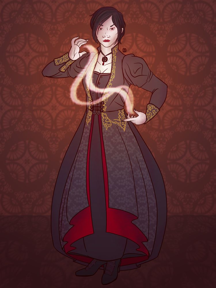 Illustration of Ada Wong from Resident Evil, casting magic. She is dressed similarly to Yennefer from The Witcher, re-imagined here as a witch in that universe. Instead of a purple motif, Ada's outfit includes red elements to match her character.
