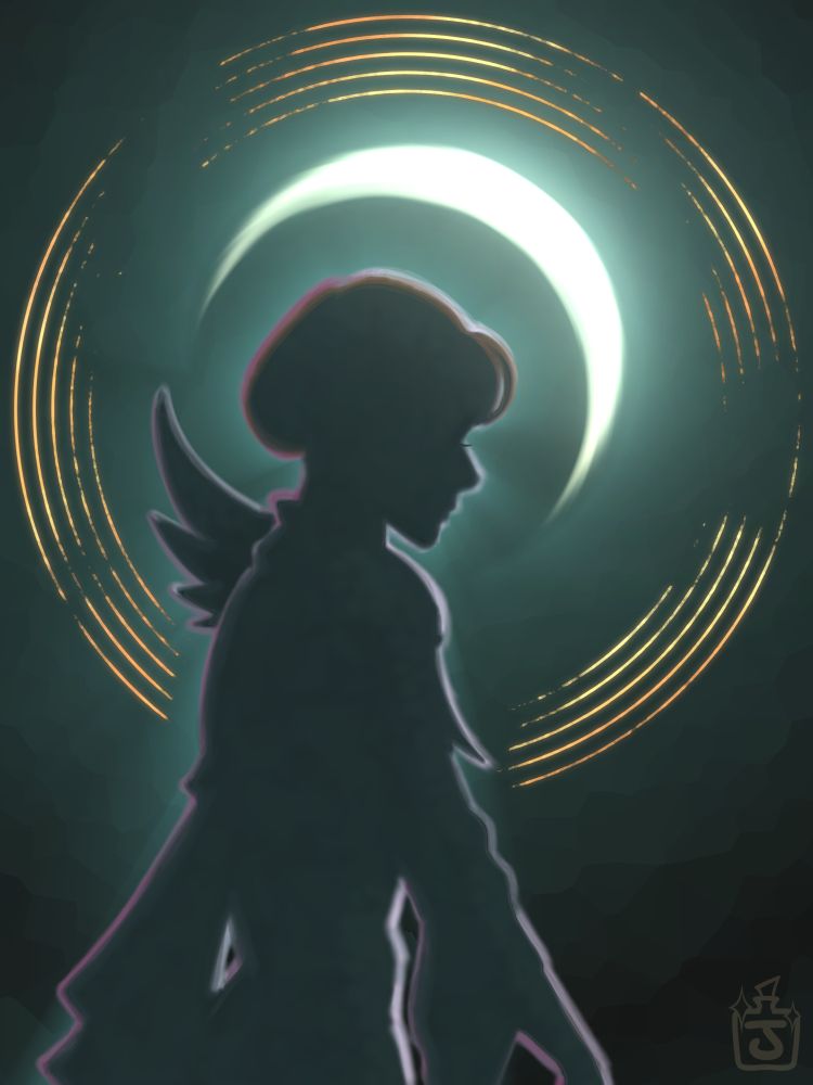 digital illustration of Maelle from Clair Obscur: Expedition 33. It is her silhouette, backlit by an eclipse. There is a ring of gold lines around her.