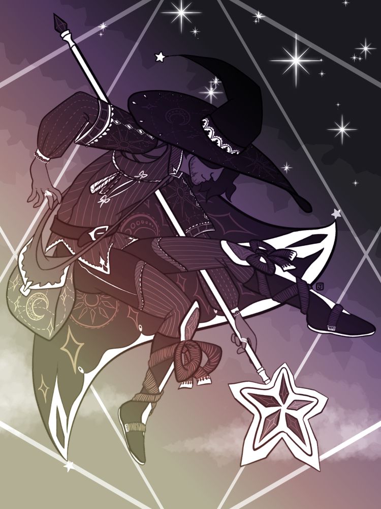 Illustration of a wizard guy floating in a celestial atmosphere. He is wearing a large pointed and brimmed hat, a long cape, and fantasy-inspired clothing. He has a satchel over his shoulder and long staff with a star at the end.