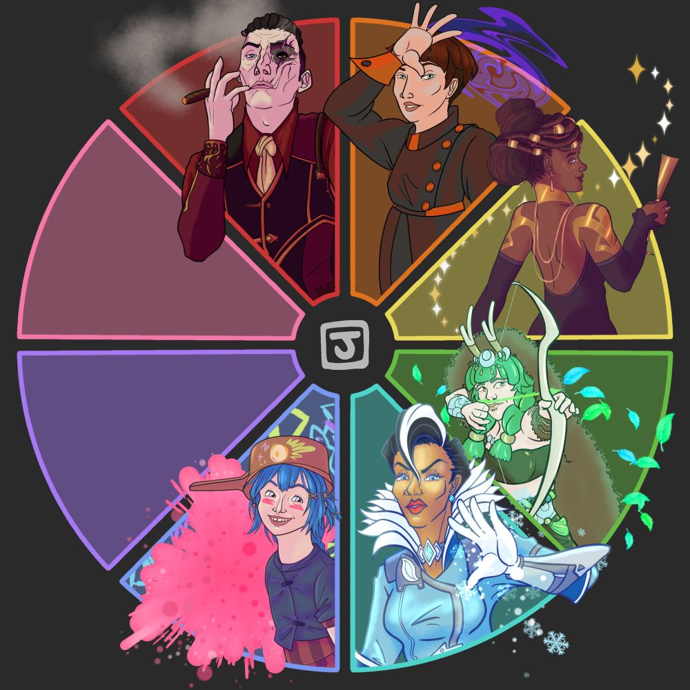 color wheel with 8 pie slices, red orange yellow green aqua blue purple pink. the red slice is filled in with an illustration of Silco from Arcane, the orange slice is filled in with an illustration of Harriet from DEATHLOOP, the yellow slice is filled in with an illustration of Mel Medarda from Arcane, the green slice is filled in with an illustration of Artemis from Hades 2, the aqua slice is filled in with an illustration of Aurelia Hammerlock from Borderlands the Pre-Sequel, and the blue slice is filled in with an illustration of Powder (young Jinx) from Arcane.