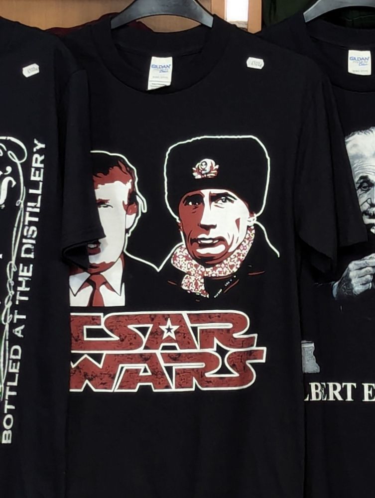 Black "Tsar Wars" t-shirt with images of Trump and Putin.