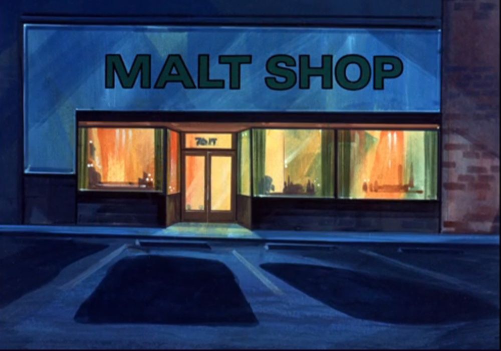 Moody malt shop with an empty parking lot where only hints of details inside are alluded to by various shapes and colors