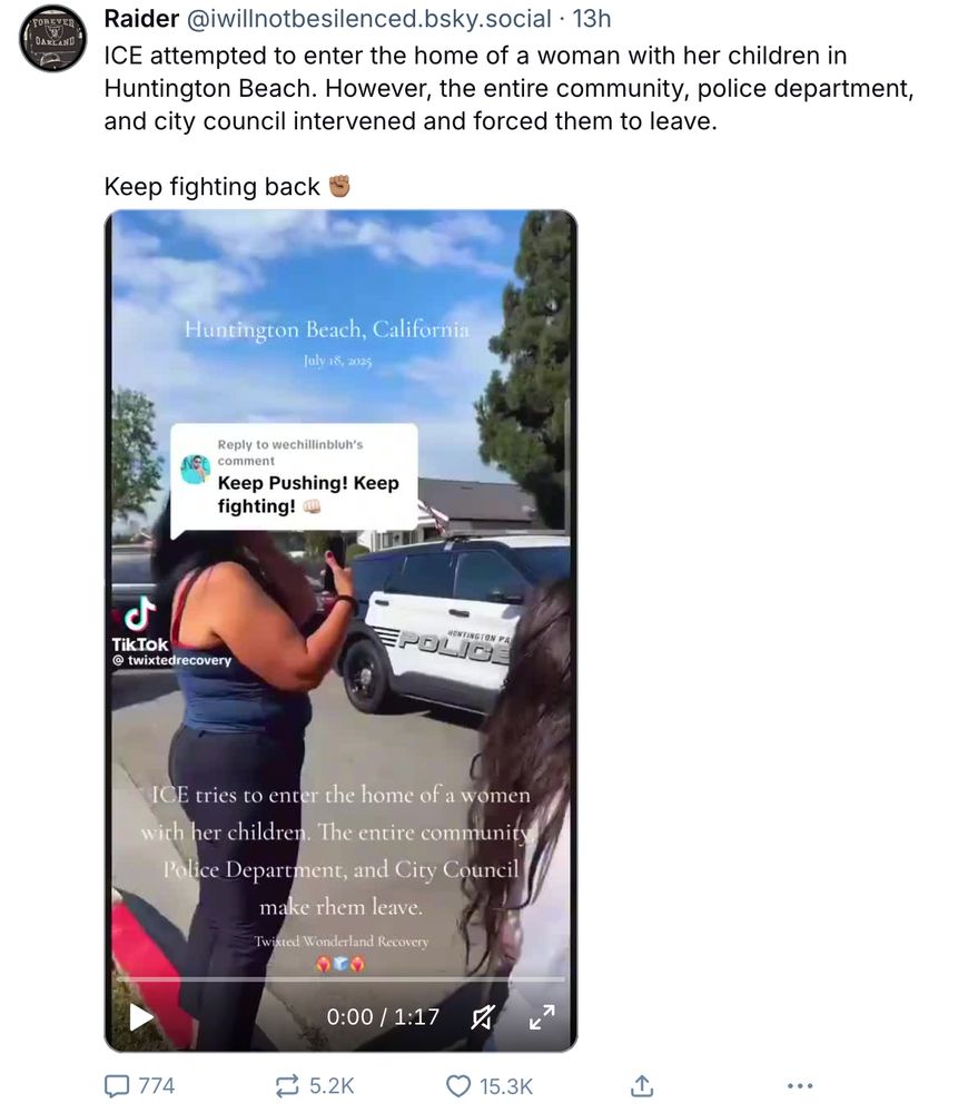 Screenshot of a reposted TikTok video mislabeled as Huntington Beach, that is actually Huntington Park, of people from the community telling ICE to get lost.