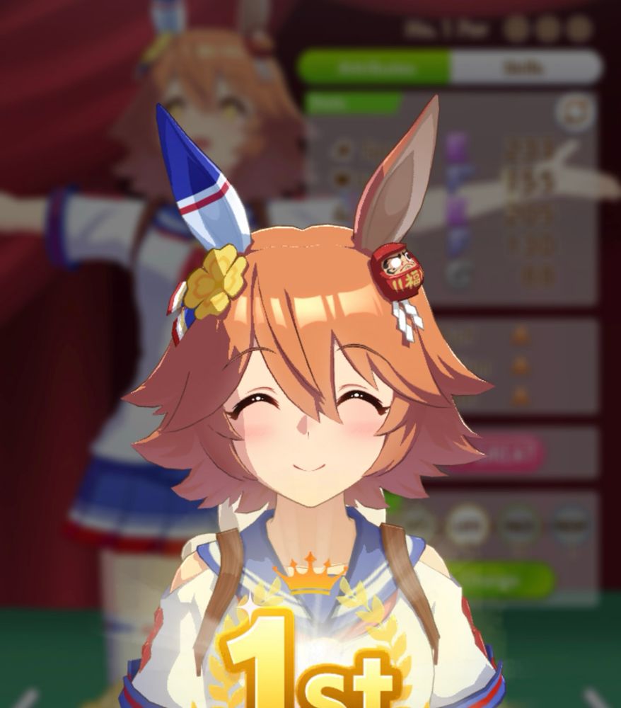 Matikanefukukitaru smiling at the camera with a golden 1st in front of her