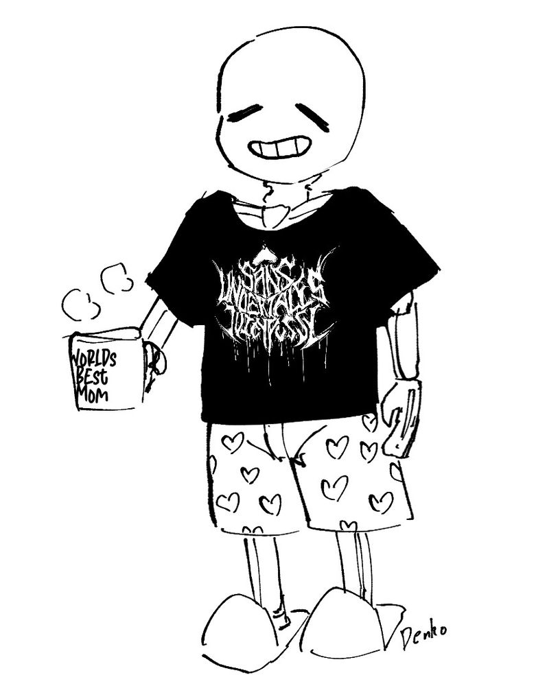 Sans Undertale wearing a black shirt with white text that says "Sans Undertales Juicy Pussy" in font reminiscent of a death metal band logo, and boxers with hearts on them. He's holding a mug that says "Worlds Best Mom" on it.