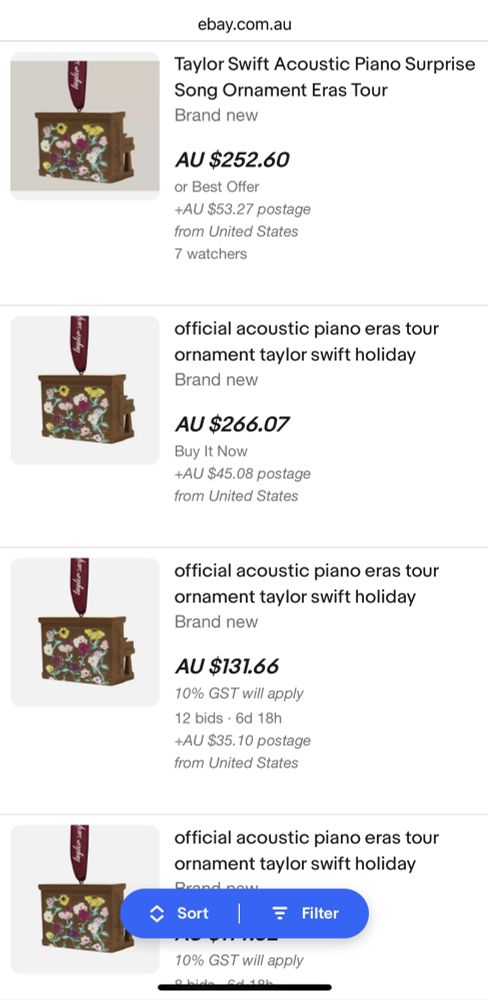 Screenshot Eras tour piano ornament selling for $250+AUD on eBay when it was sold on official store for $40AUD