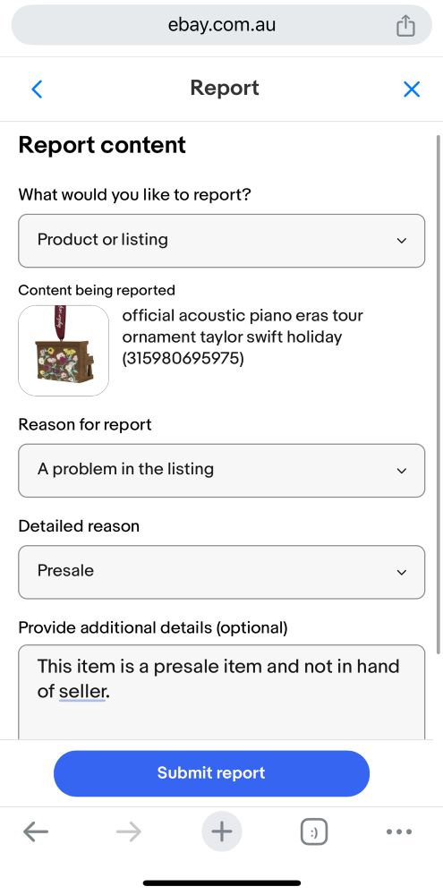 Steps of how to report an item on eBay that doesn’t meet sellers standards. 