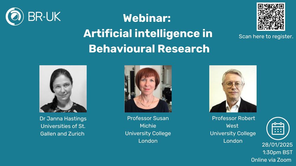 A blue slide with the text Artificial Intelligence in Behavioural Research. Dr Janna Hastings Universities of St. Gallen and Zurich. Professor Susan Michie, University College London and Professor Robert West, University College London