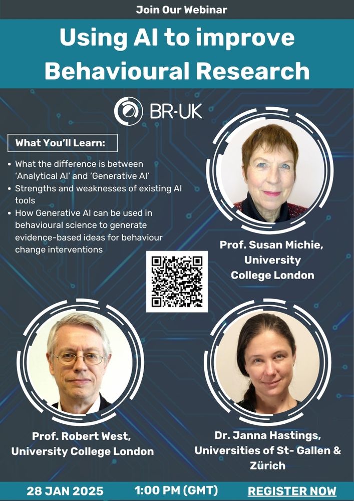 A blue and grey slide with the text 'Artificial Intelligence in Behavioural Research. Dr Janna Hastings Universities of St. Gallen and Zurich. Professor Susan Michie, University College London and Professor Robert West, University College London' What you'll learn: What the difference is between 'Analytical AI' and 'Generative AI.' Strengths and weaknesses of existing AI tools. How Generative AI can be used in behavioural science to generate evidence-based ideas for behaviour change interventions. 