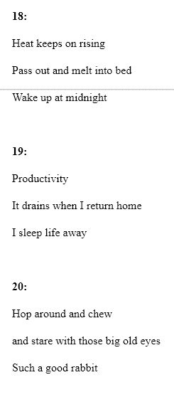 Haikus number 18 to 20 are visible in the image. The text is as follows:

18:
Heat keeps on rising
Pass out and melt into bed
Wake up at midnight

19:
Productivity
It drains when I return home
I sleep life away

20:
Hop around and chew
and stare with those big old eyes
Such a good rabbit
