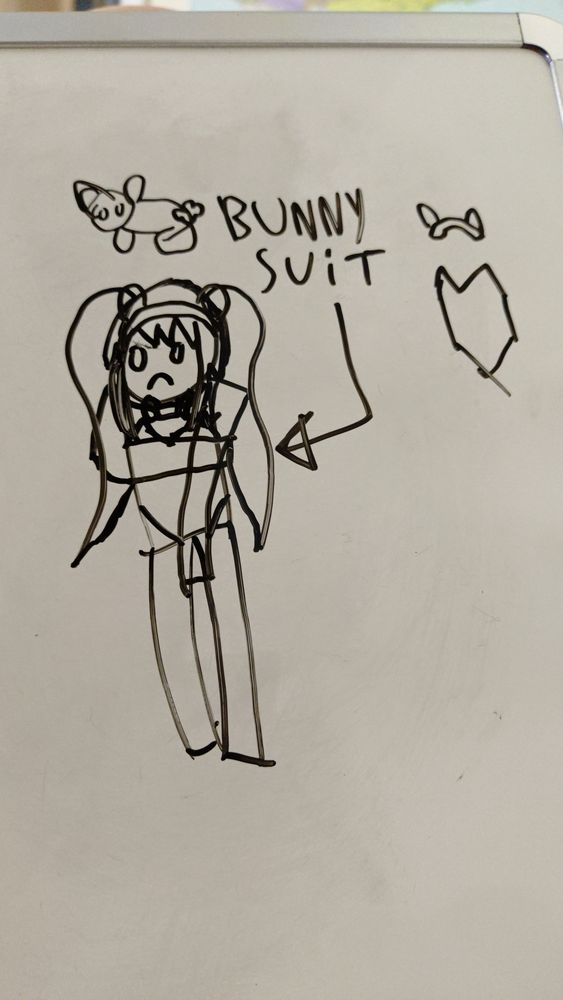 My OC Orange in a bunny suit, displaying a nervous posture. She wears a bunny themed hairband and a bunny suit. Her hair is in twintails.

Above her is a rabbit and the words "bunny suit." The words are pointing to what she is wearing. The bunnysuit and hairband are next to the words.