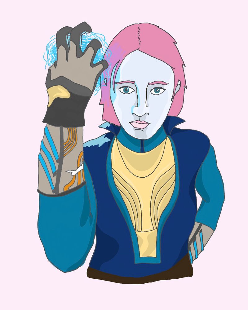 My awoken warlock with grey skin and pink hair consumes her arc grenade (by crunching it in her hand, held in front of her face), using the getaway artist exotic arms 