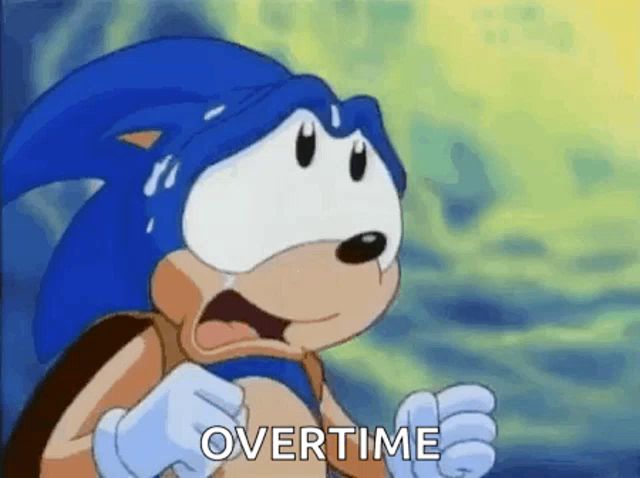 a cartoon of sonic the hedgehog with a surprised look on his face and the word overtime written below him .