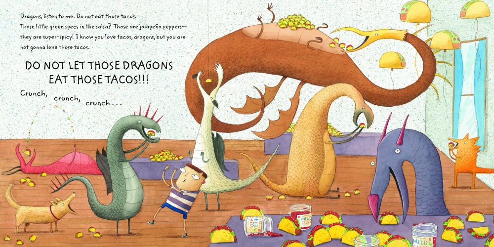 Page spread from the children's book, "Dragons Love Tacos".