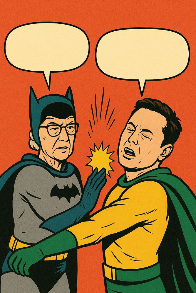Cartoon image as Grace Hopper dressed as Batman slapping Elon Musk dressed as Robin