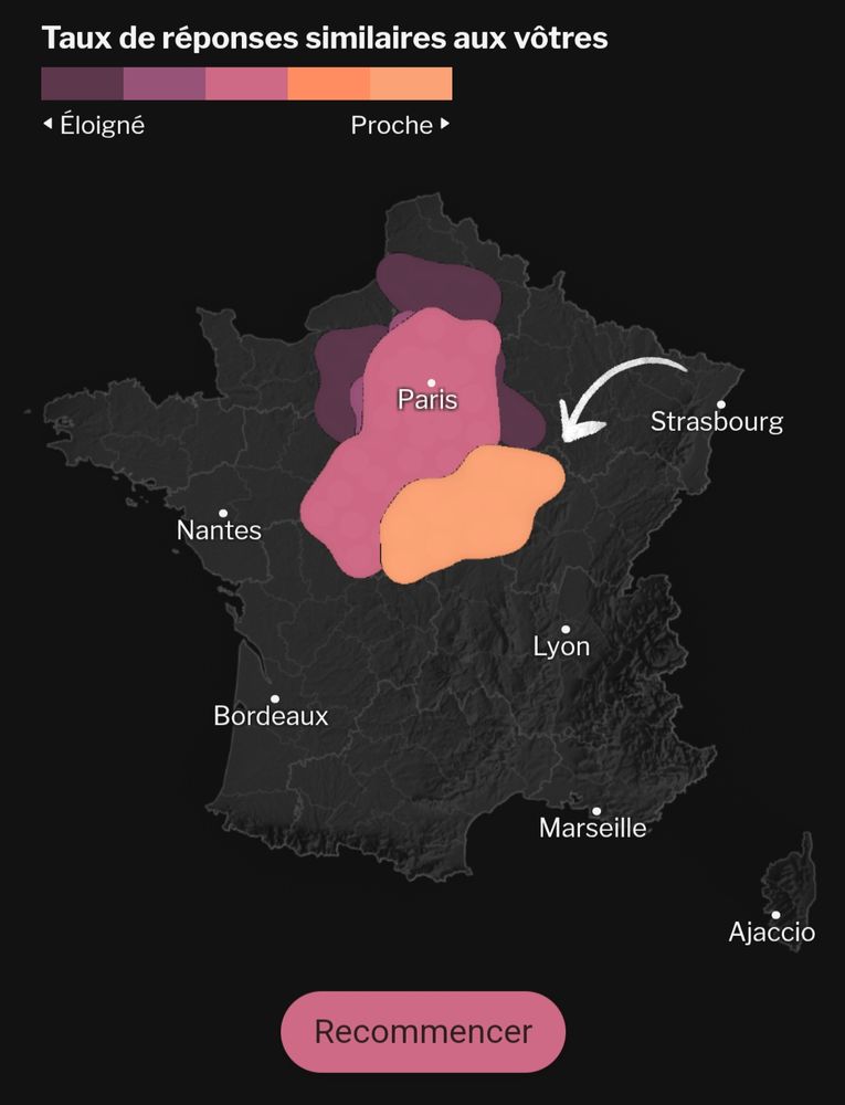 Carte de France indiquant la zone géographique dont je viendrais en fonction des expressions que j'utilise. Le plus proche d'après la carte se trouve sur une zone entre Paris et Lyon.