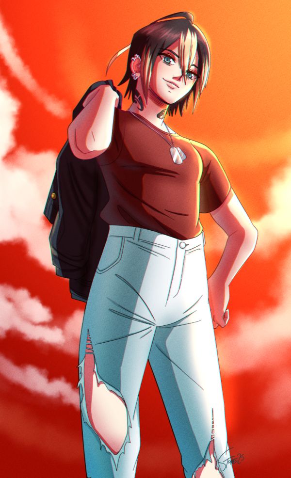 A drawing of a woman with pale skin and short dark brown hair with blonde highlights. She's standing in front of an orange and red sky, the viewer is looking up at her. She's wearing a red shirt tucked into torn white pants, and has a black jacket thrown over her shoulder. She has a cobra tattooed on her neck. She is Juri from the visual novel game Renai Bakudan.