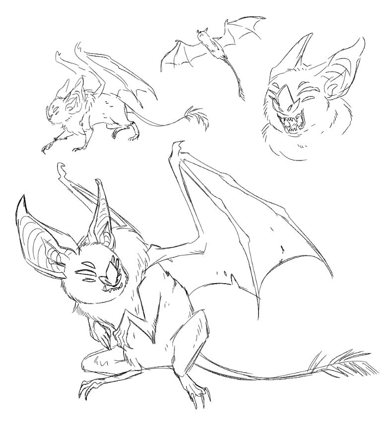 a couple of rough doodles of a little bat griffin. It has a bat's head with six eyes, a mane, little rat arms and legs, a sparse hairy tail, and bat wings.