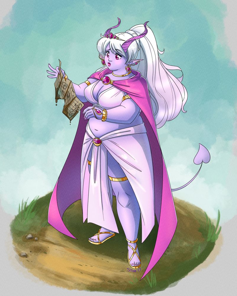 An illustration of a fat tiefling woman with pale purple skin and long white hair. She has bright pink horns and a cape, and is wearing white revealing clothing and gold and pink jewelry. She's looking concerned, holding a muddy wet map.