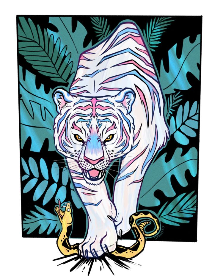 An illustration of a tiger with white fur and pink and blue stripes growling and stepping on a yellow snake. The snake resembles the one from the "Don't Tread On Me" flags right wing people like to stick on their pick up trucks and the tiger is in trans pride colors. The background is black with various green jungle leaves.