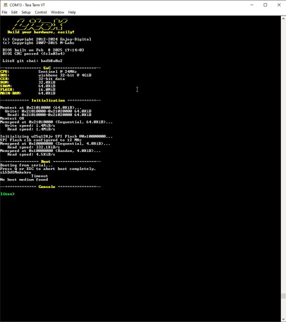Picture of a terminal session showing a memory test that ran at 1.4MiB/s, and an SPI flash read test that ran at 332.1KiB/s sequential, and 4.5KiB/s random. This was before I added a small cache.