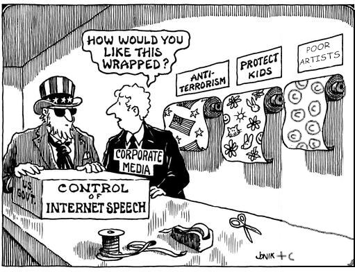 Fameux dessin de John Jonik où Oncle Cam achète à Corporate Media une boîte de control of internet speech, mais en plus des emballage cadeau anti-terrorism et protect kids, il y a l'emballage cadeau poor artists avec des © comme décoration.