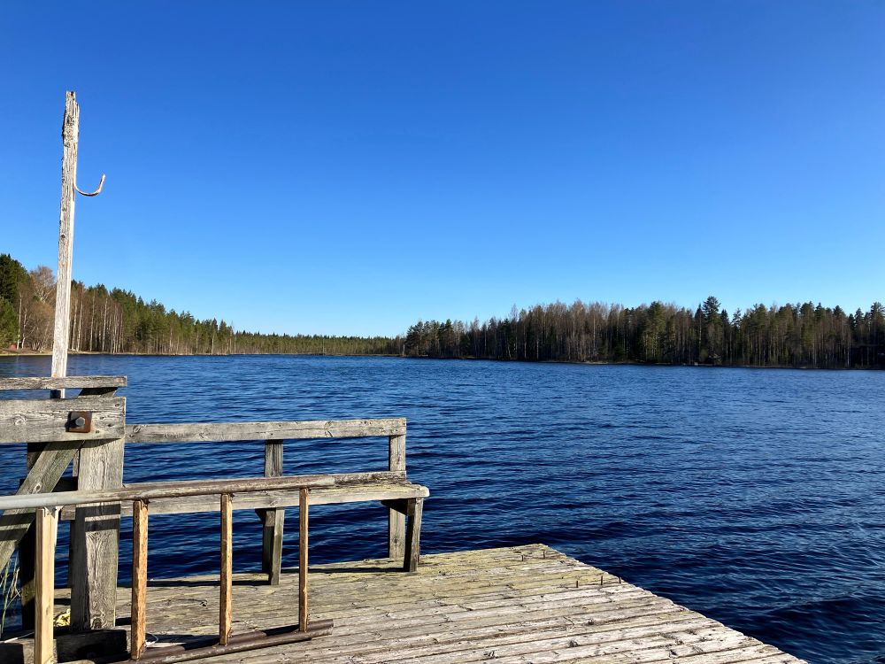 A blue lake surrounded by trees under a blue sky. On the left side, a wooden dock with a seat.