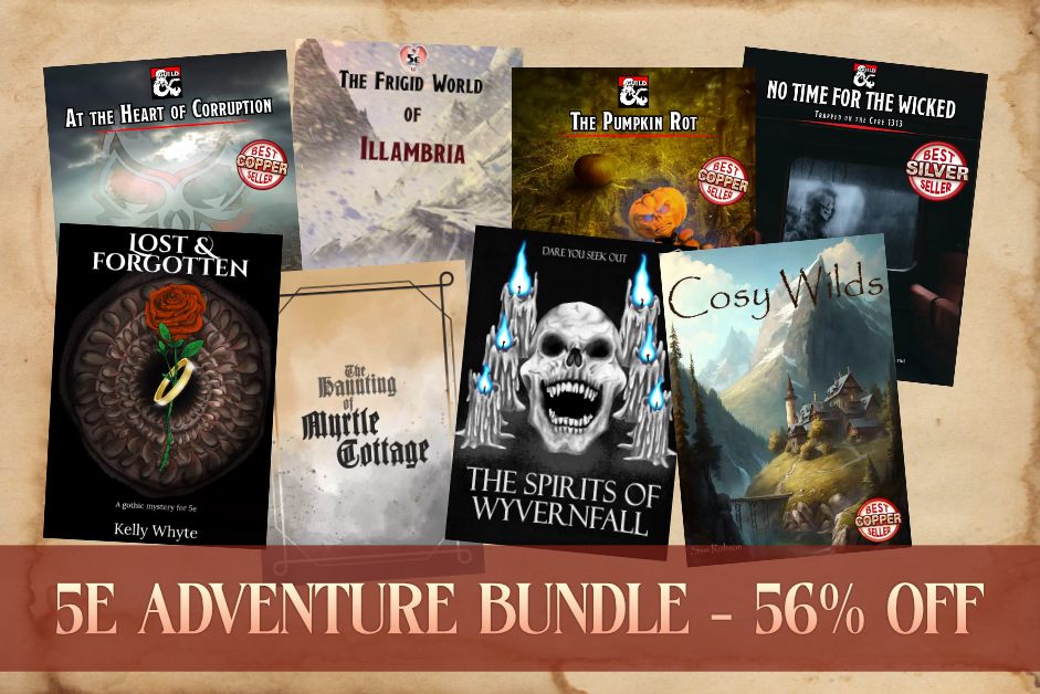 A graphic showing eight title pages of the adventures within the bundle, and a strip along the bottom which says "5E Adventure Bundle - 56% off"