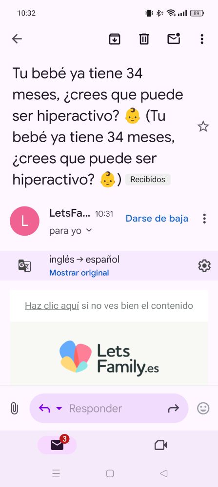 Correo electrónico con el asunto "Tú bebé ya tiene 34 meses, ¿Crees que puede ser hiperactivo? 👶🏻"