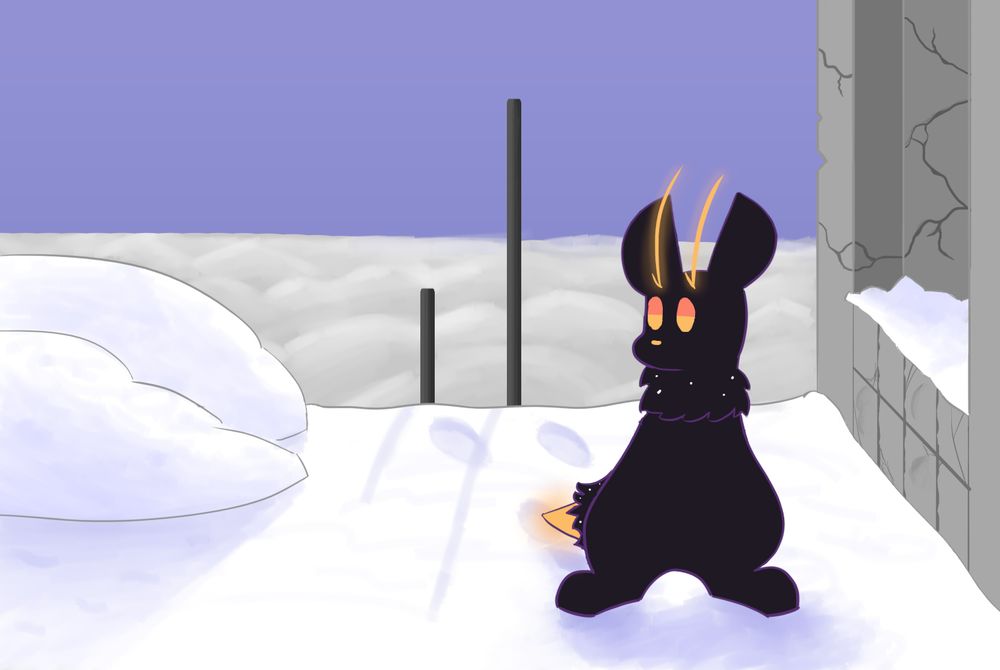 a drawing of a slugcat original character standing in snow, with a plane of clouds in the background
