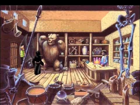 Three men stand in a cluttered pawn shop in a scene from King's Quest VI.