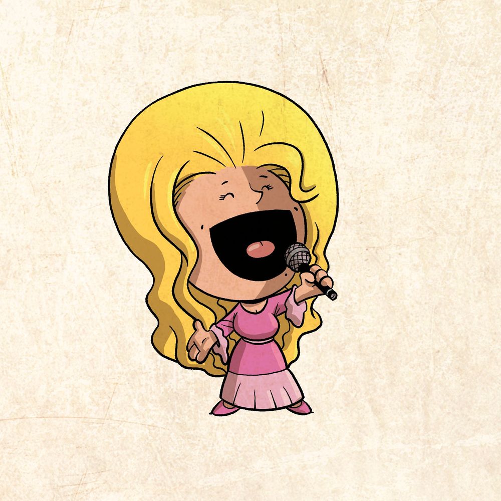 Cartoon image of Dolly Parton singing