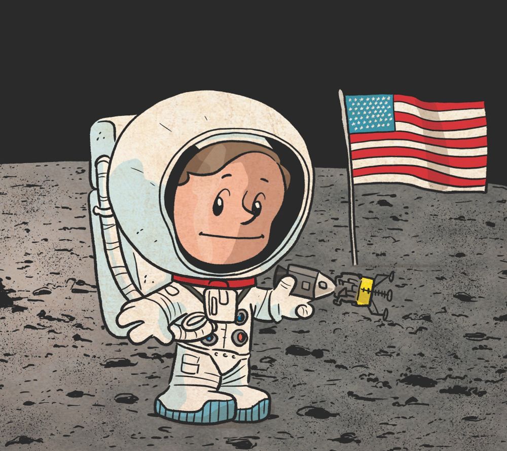 Cartoon Neil Armstrong on the moon.