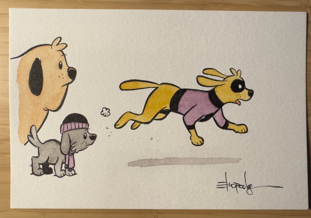 Cartoon of 3 dogs from the Hawkeye series.